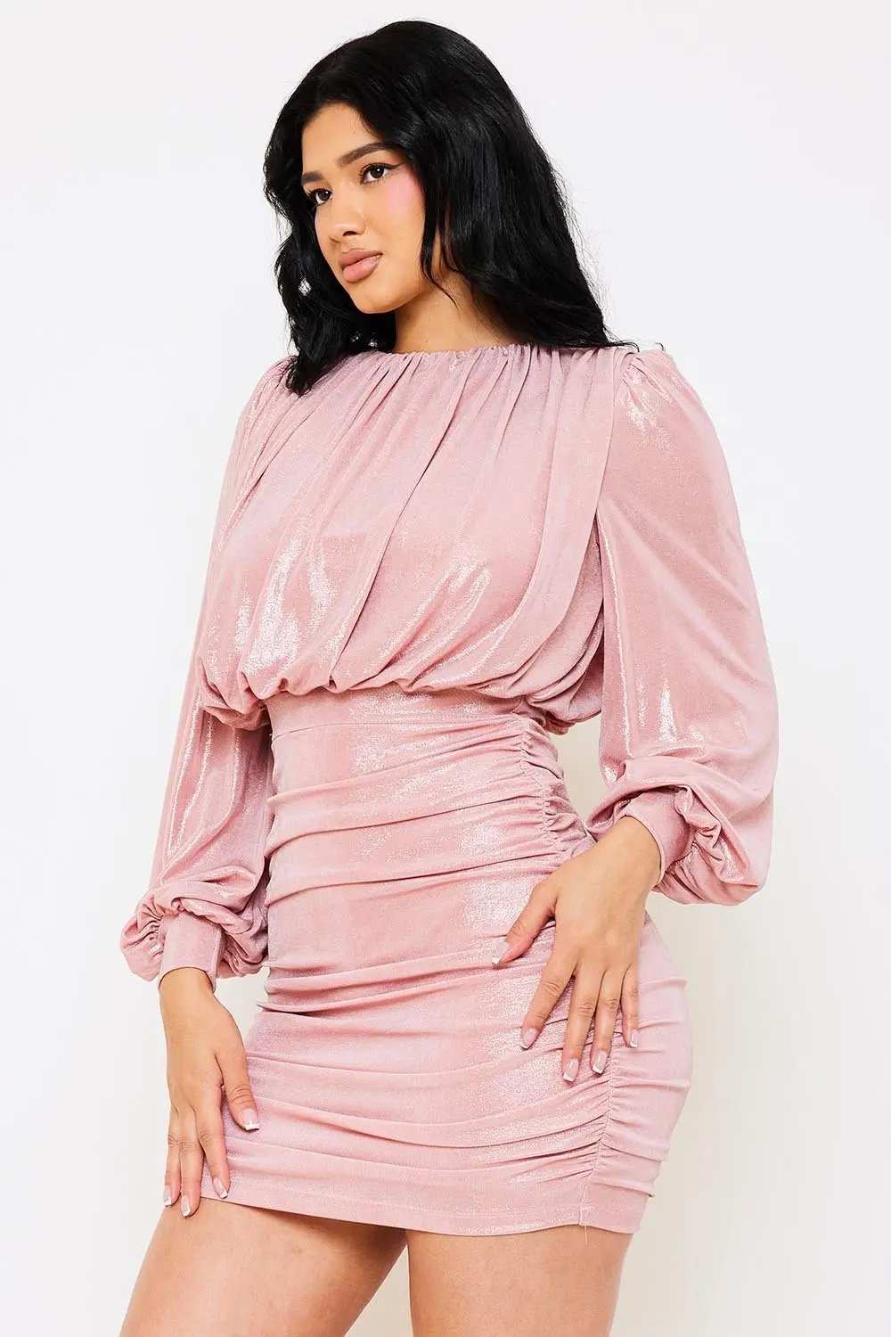 Metallic Pleated Mini Dress - Balloon Sleeve Zipper Back BOUTINIE