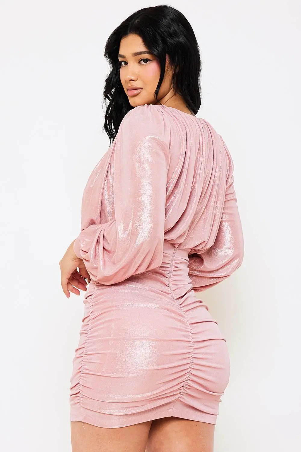 Metallic Pleated Mini Dress - Balloon Sleeve Zipper Back BOUTINIE