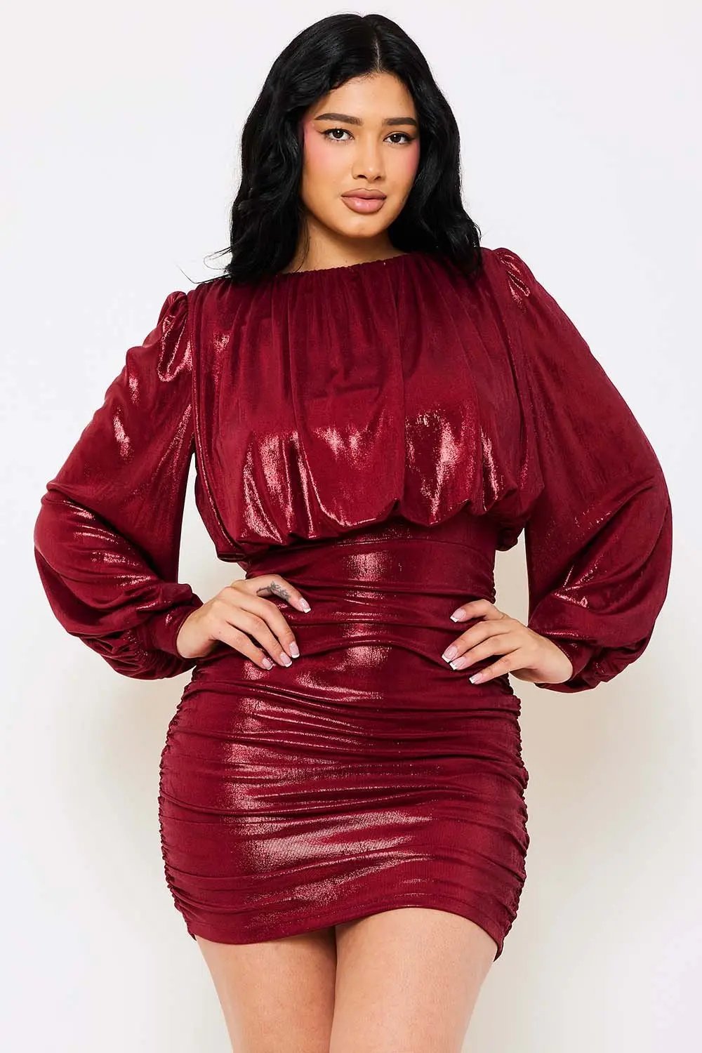 Metallic Pleated Mini Dress - Balloon Sleeve Zipper Back BOUTINIE
