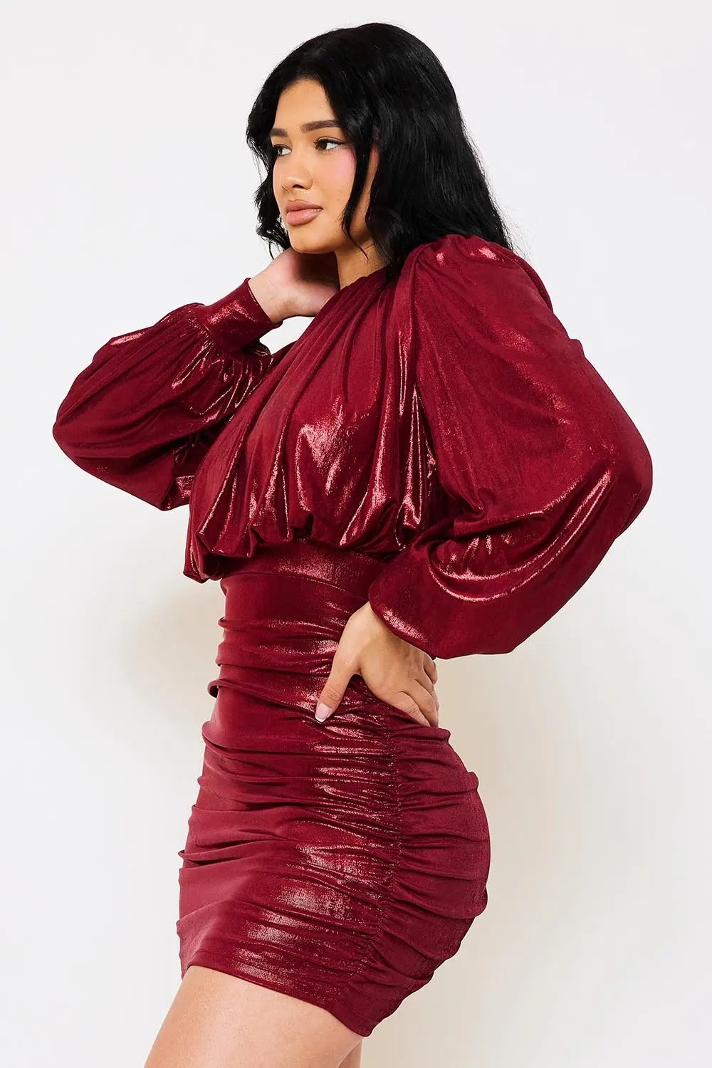 Metallic Pleated Mini Dress - Balloon Sleeve Zipper Back BOUTINIE