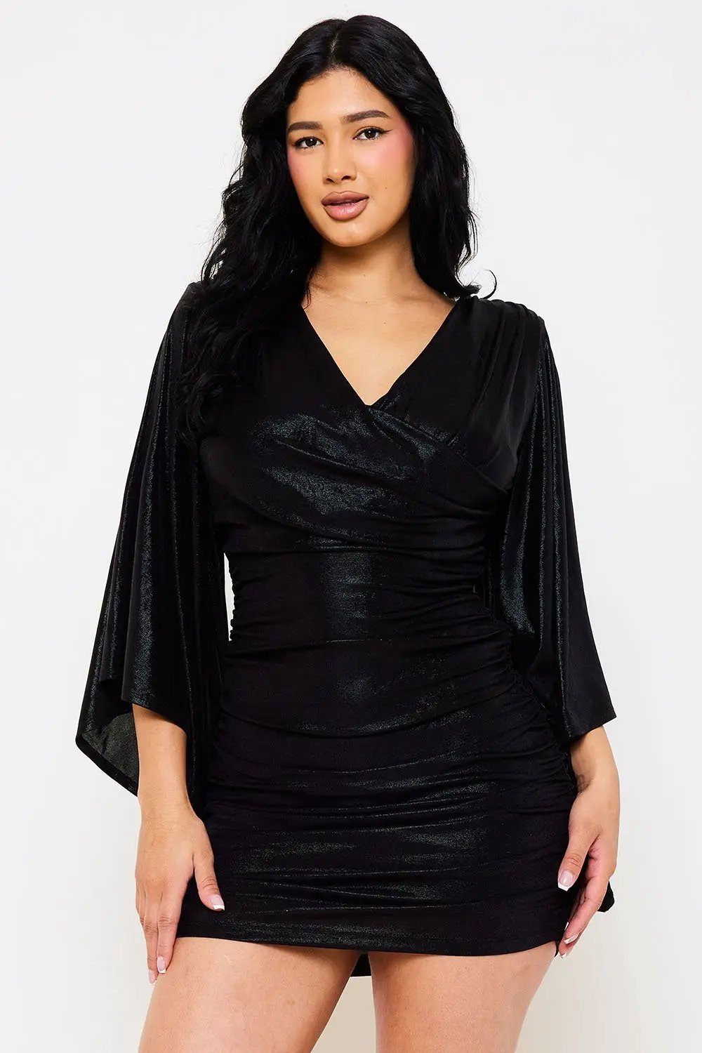 Metallic Mini Dress – Ruched Bell Sleeve Slip-On Party Dress BOUTINIE