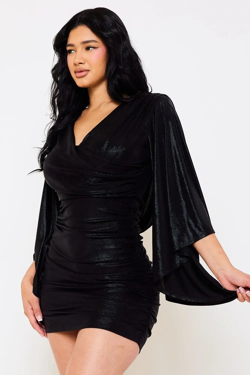 Metallic Mini Dress – Ruched Bell Sleeve Slip-On Party Dress BOUTINIE