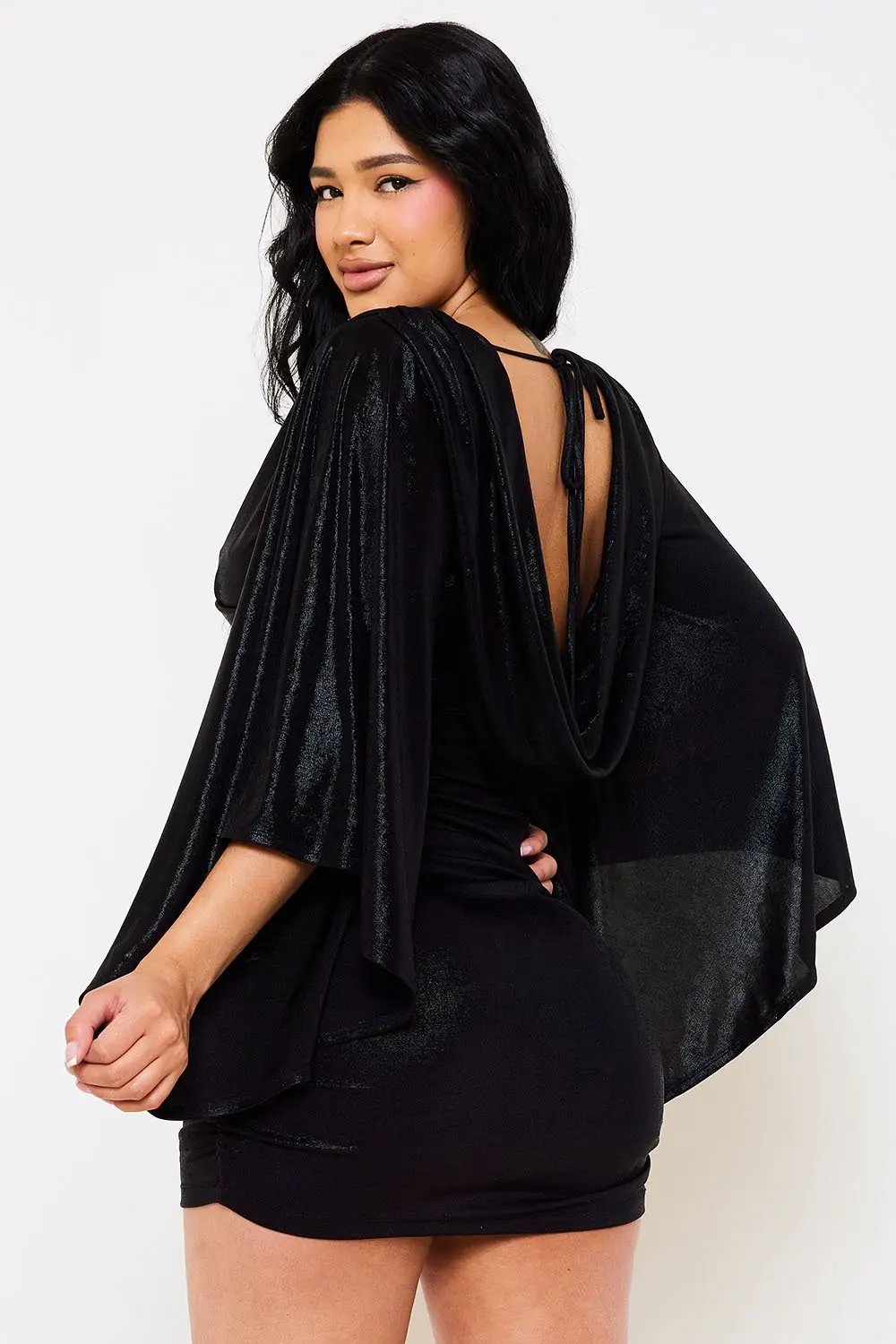 Metallic Mini Dress – Ruched Bell Sleeve Slip-On Party Dress BOUTINIE