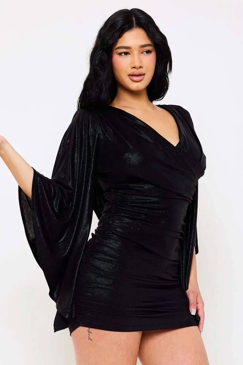 Metallic Mini Dress – Ruched Bell Sleeve Slip-On Party Dress BOUTINIE