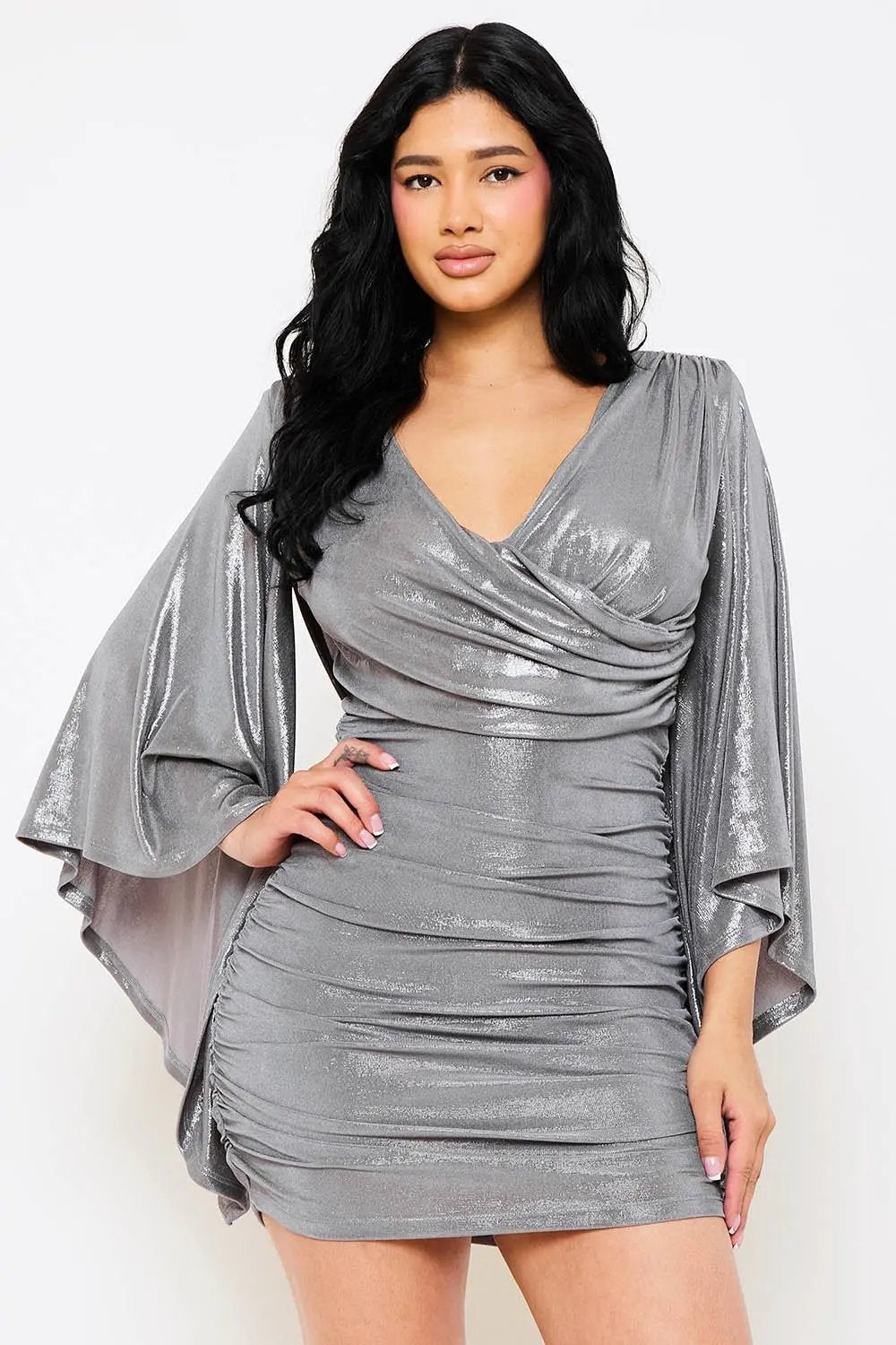 Metallic Mini Dress – Ruched Bell Sleeve Slip-On Party Dress BOUTINIE