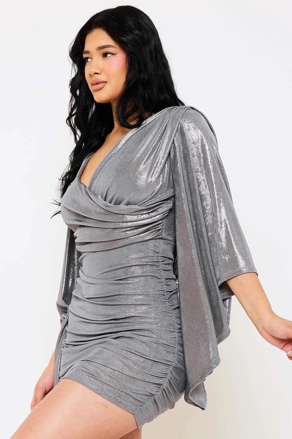 Metallic Mini Dress – Ruched Bell Sleeve Slip-On Party Dress BOUTINIE