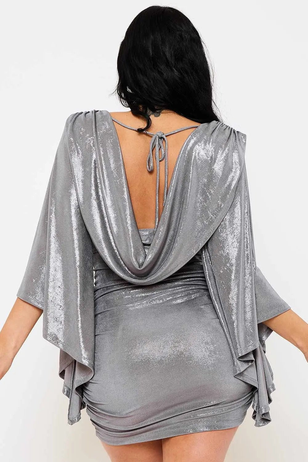 Metallic Mini Dress – Ruched Bell Sleeve Slip-On Party Dress BOUTINIE