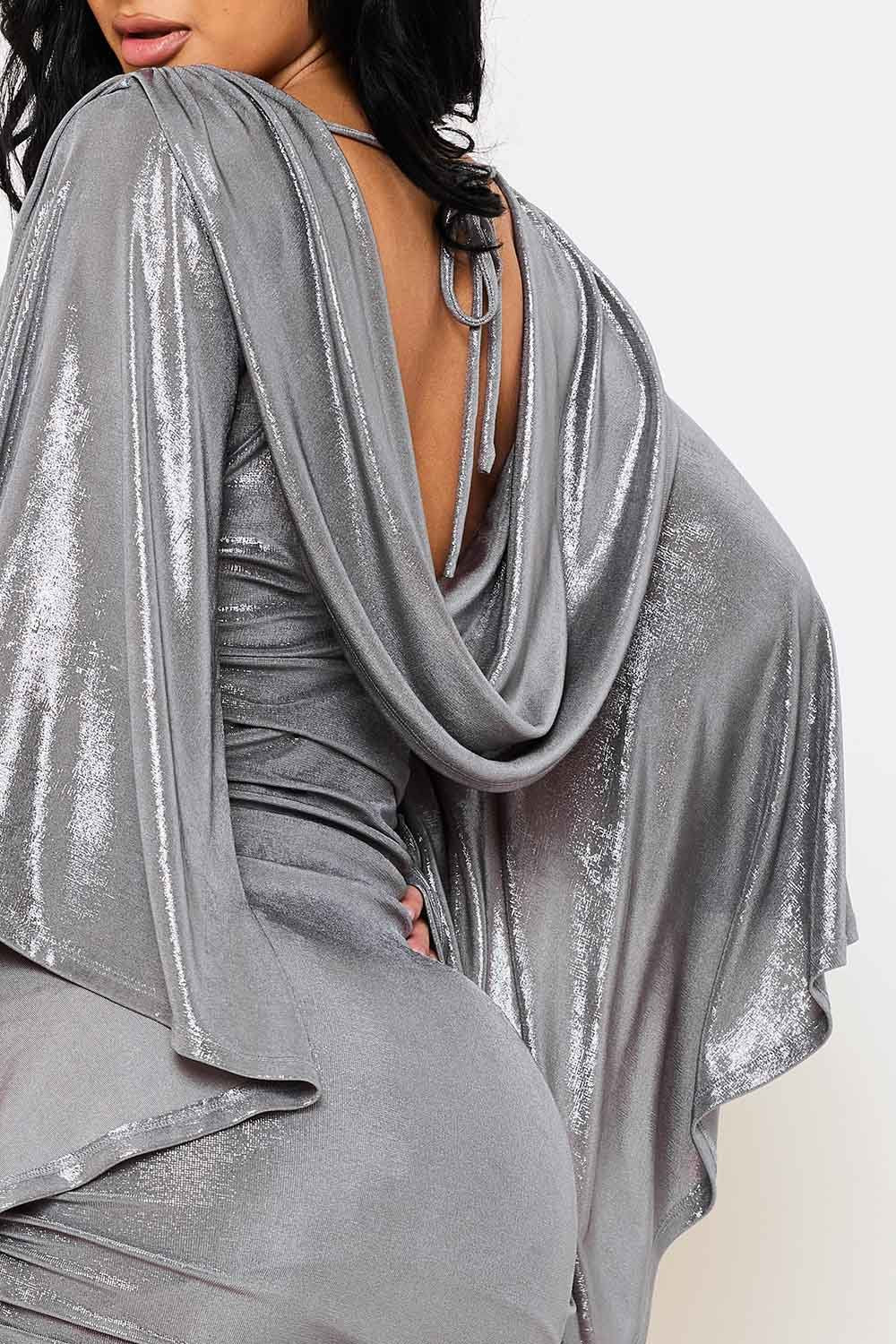 Metallic Mini Dress – Ruched Bell Sleeve Slip-On Party Dress BOUTINIE