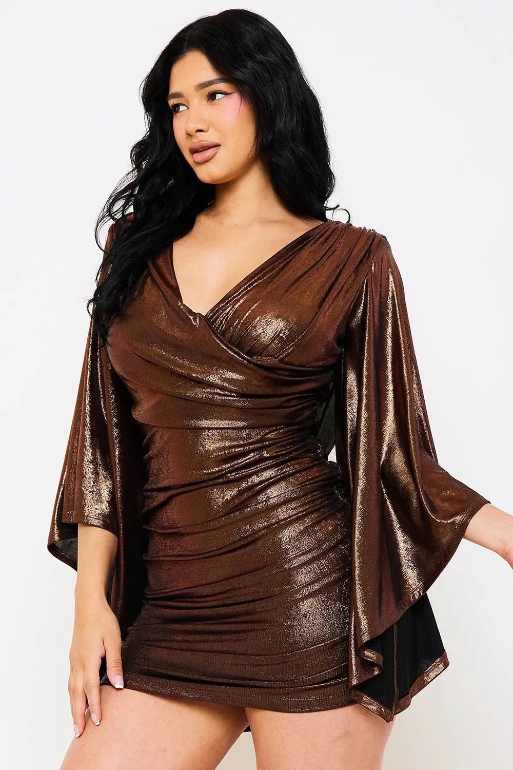 Metallic Mini Dress – Ruched Bell Sleeve Slip-On Party Dress BOUTINIE