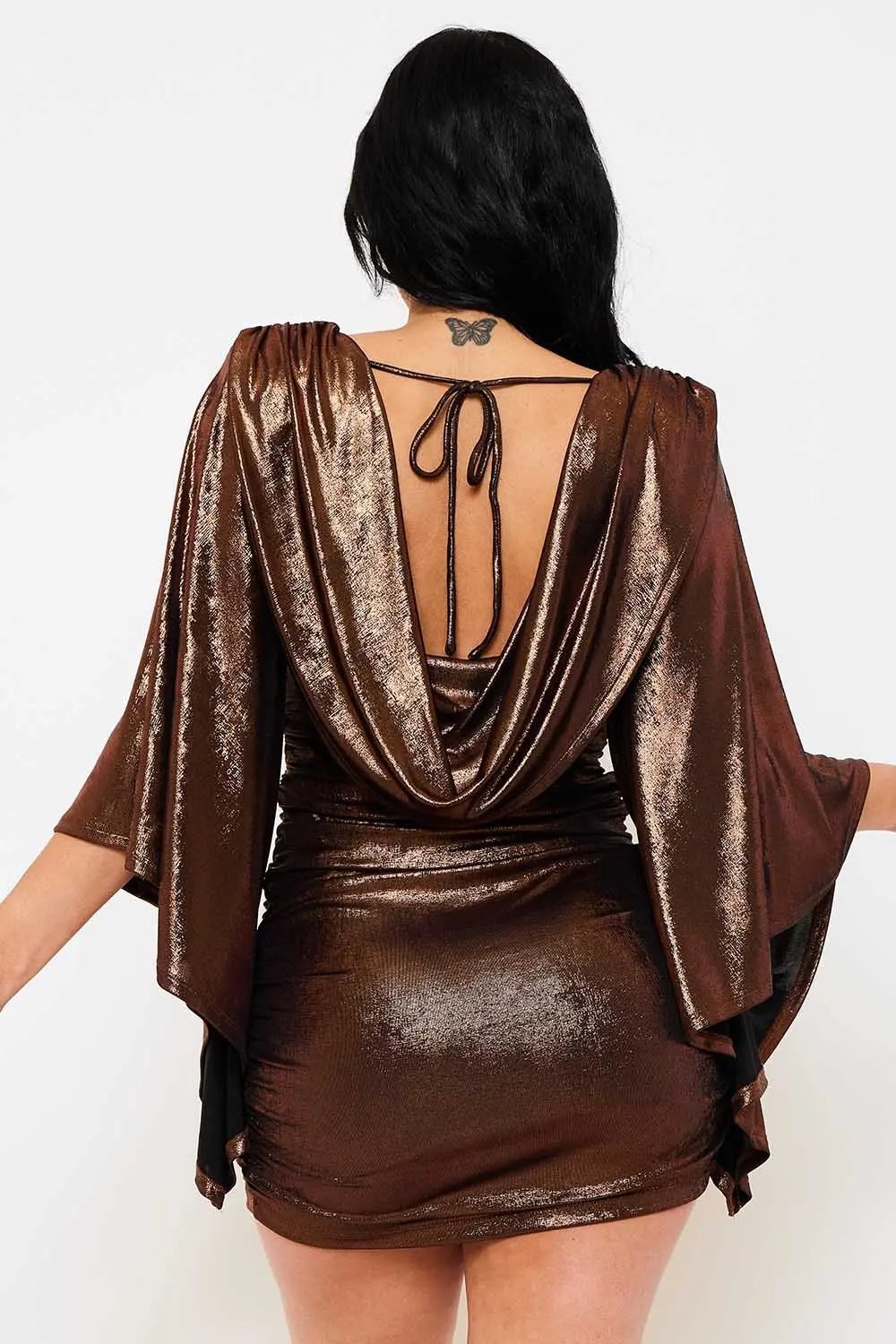 Metallic Mini Dress – Ruched Bell Sleeve Slip-On Party Dress BOUTINIE