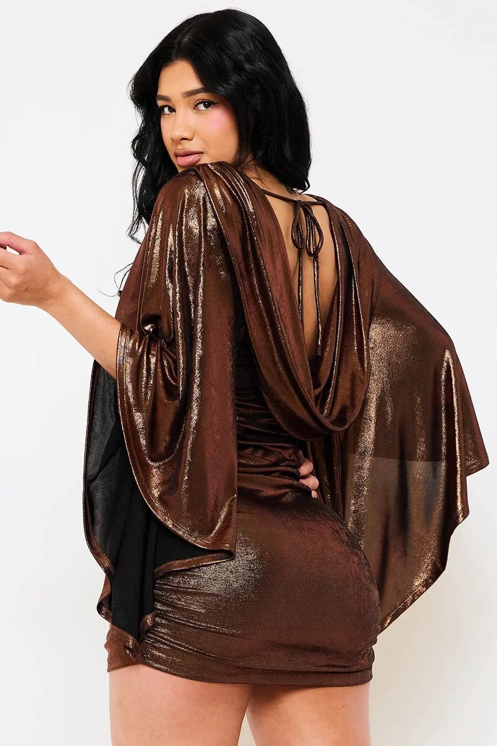 Metallic Mini Dress – Ruched Bell Sleeve Slip-On Party Dress BOUTINIE