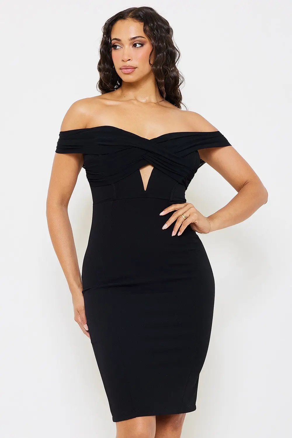 Techno Crepe Midi Dress - Criss Cross Front Zipper Back BOUTINIE