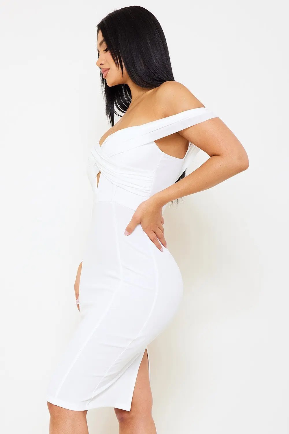 Techno Crepe Midi Dress - Criss Cross Front Zipper Back BOUTINIE