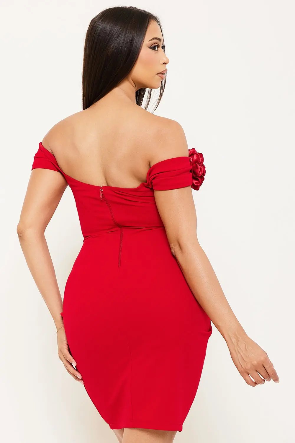 Off Shoulder Mini Dress With Applique Flower - Ruched Tulip Hem Zipper Back BOUTINIE