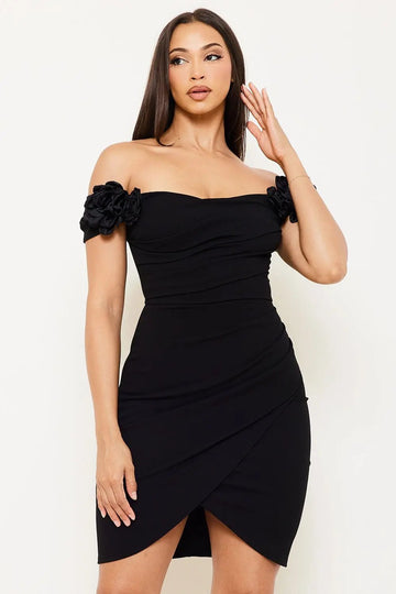 Off Shoulder Mini Dress With Applique Flower - Ruched Tulip Hem Zipper Back BOUTINIE