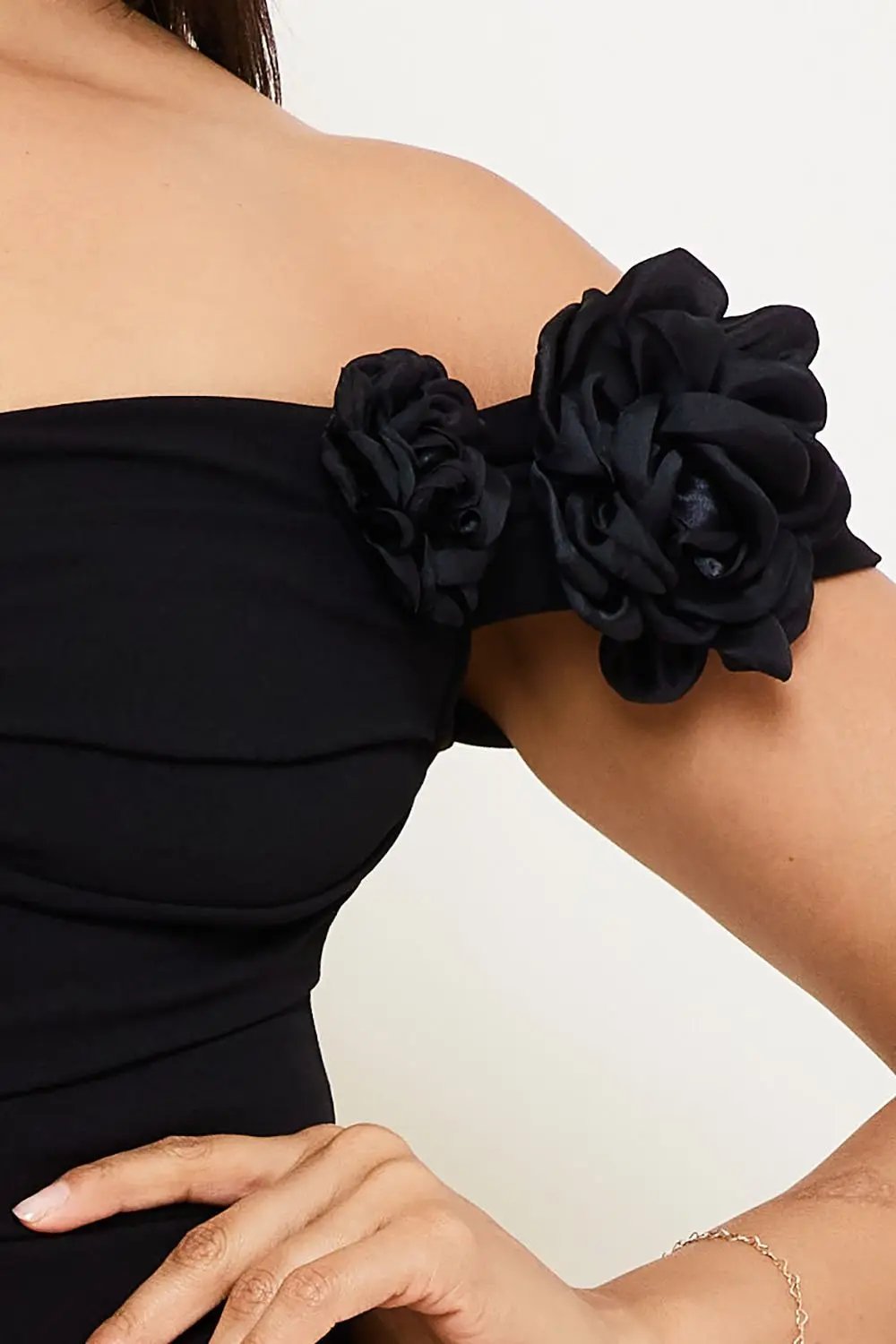 Off Shoulder Mini Dress With Applique Flower - Ruched Tulip Hem Zipper Back BOUTINIE