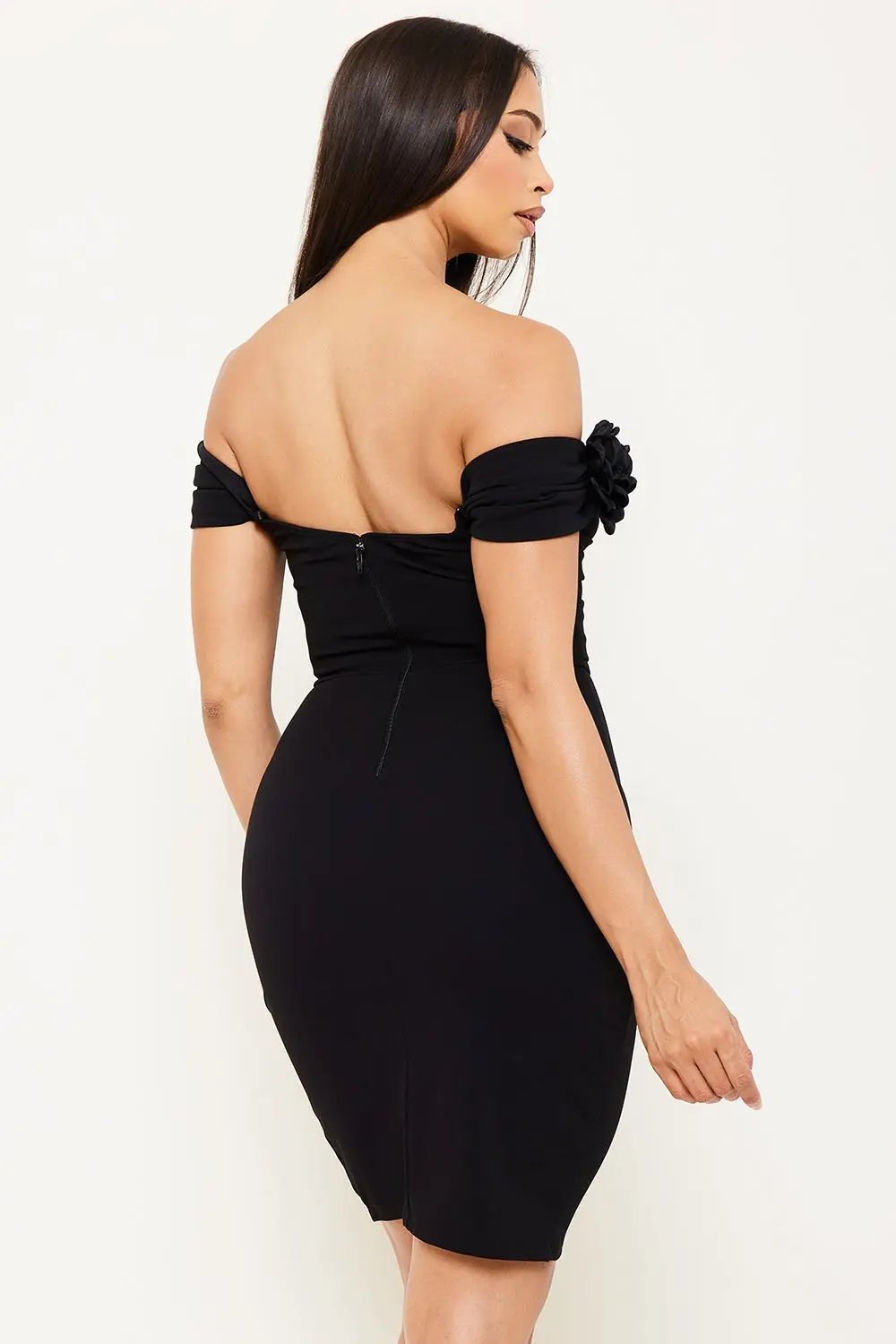 Off Shoulder Mini Dress With Applique Flower - Ruched Tulip Hem Zipper Back BOUTINIE