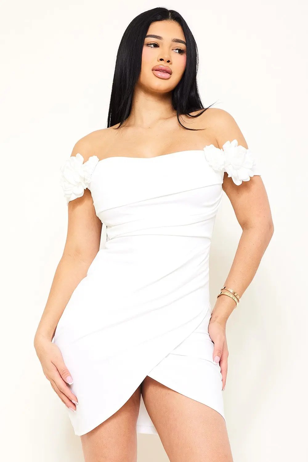 Off Shoulder Mini Dress With Applique Flower - Ruched Tulip Hem Zipper Back BOUTINIE