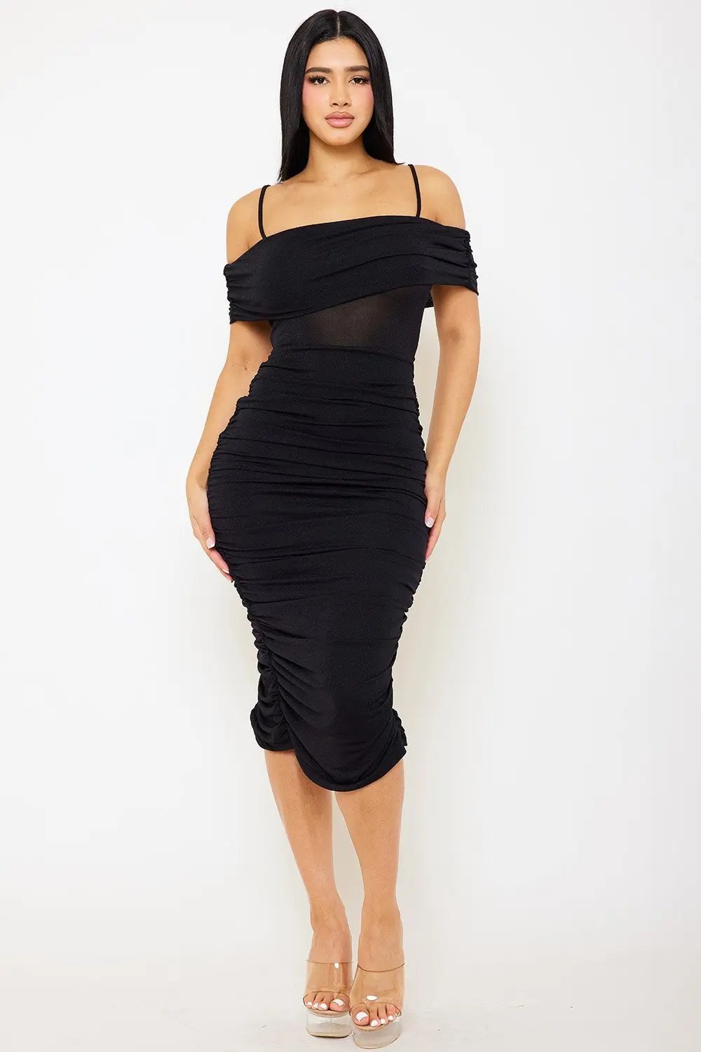 Glitter Midi Dress - Open Shoulder Slit Hem Dress BOUTINIE