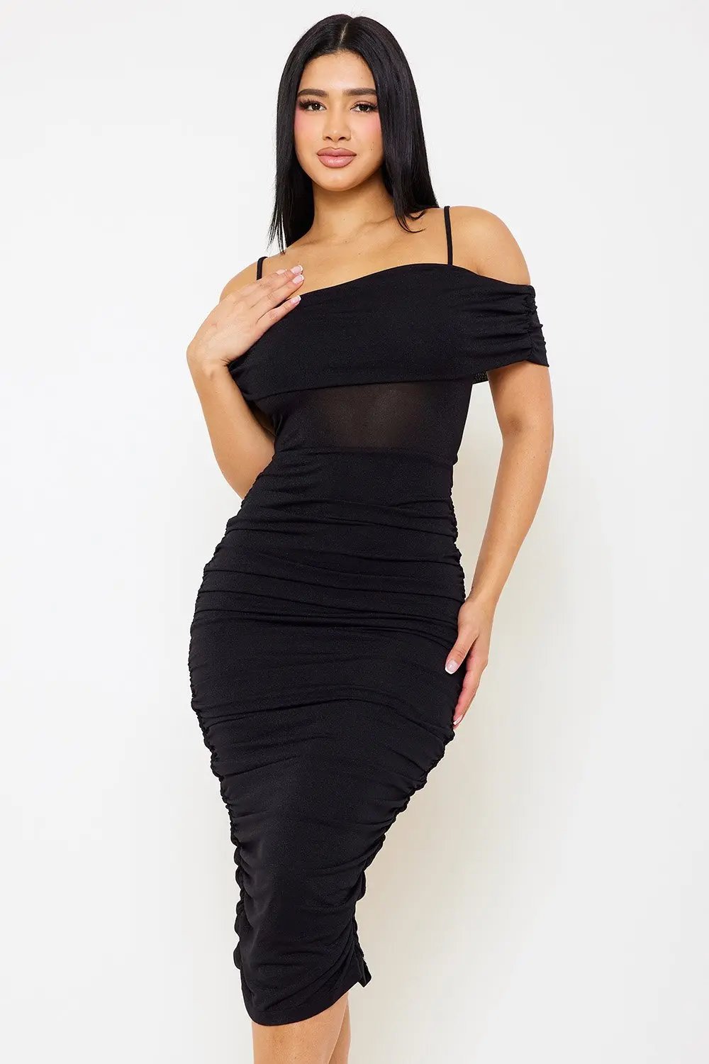 Glitter Midi Dress - Open Shoulder Slit Hem Dress BOUTINIE