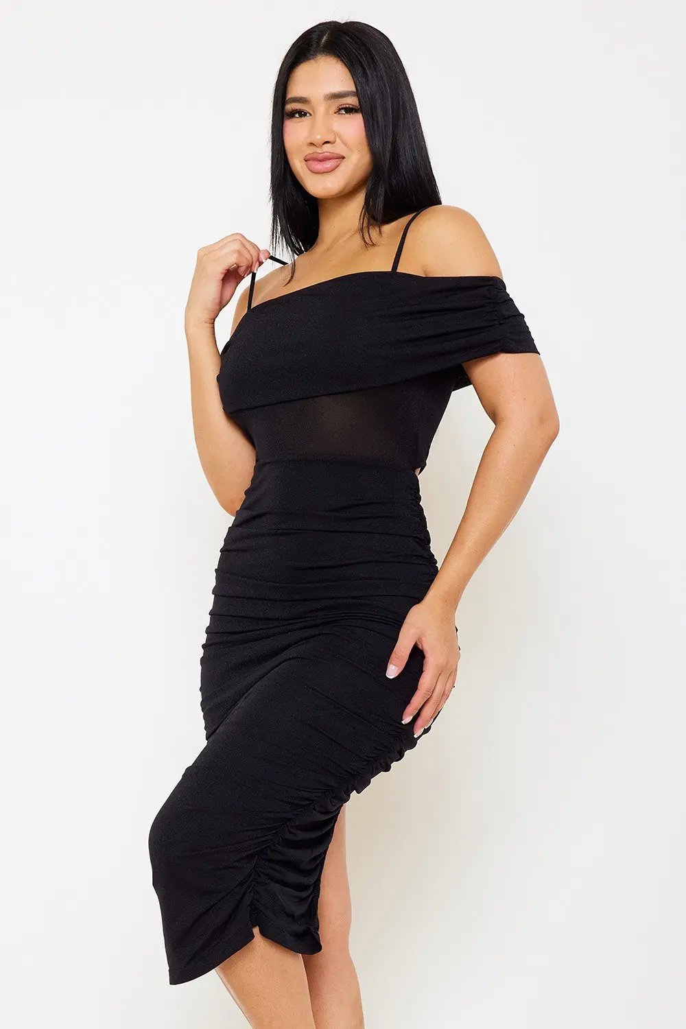 Glitter Midi Dress - Open Shoulder Slit Hem Dress BOUTINIE