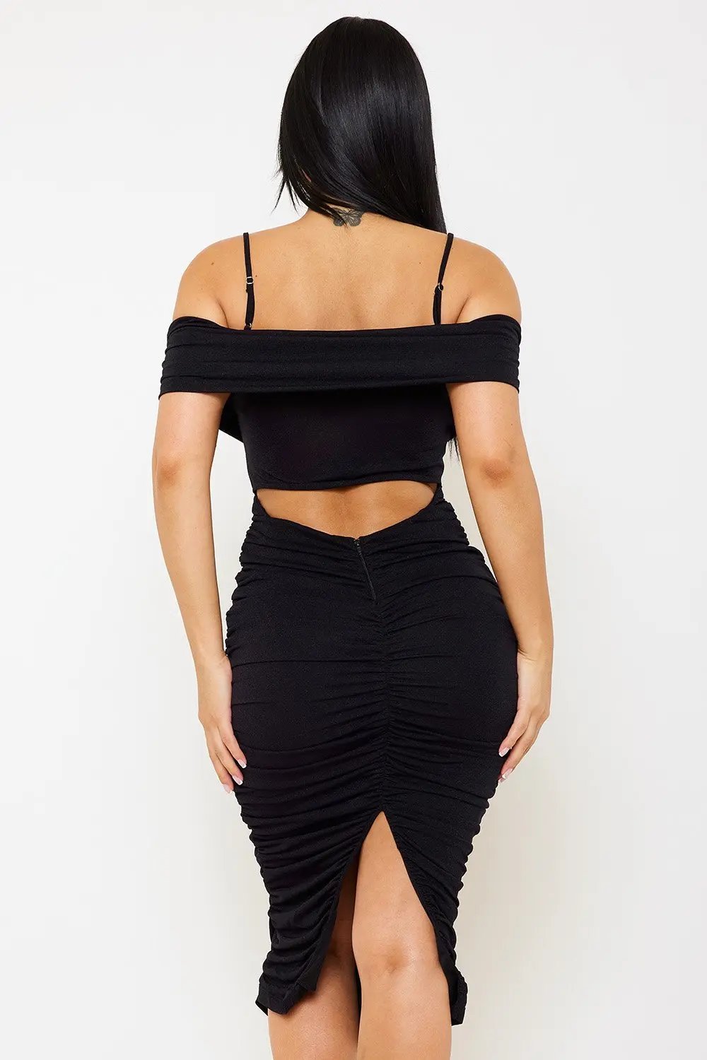 Glitter Midi Dress - Open Shoulder Slit Hem Dress BOUTINIE