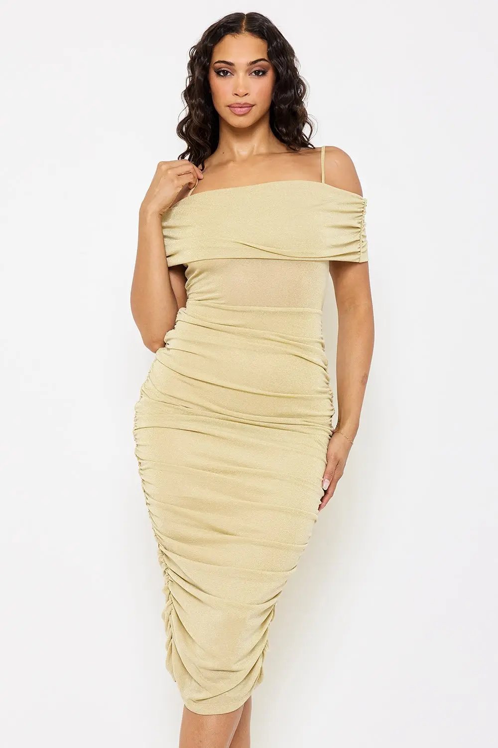 Glitter Midi Dress - Open Shoulder Slit Hem Dress BOUTINIE