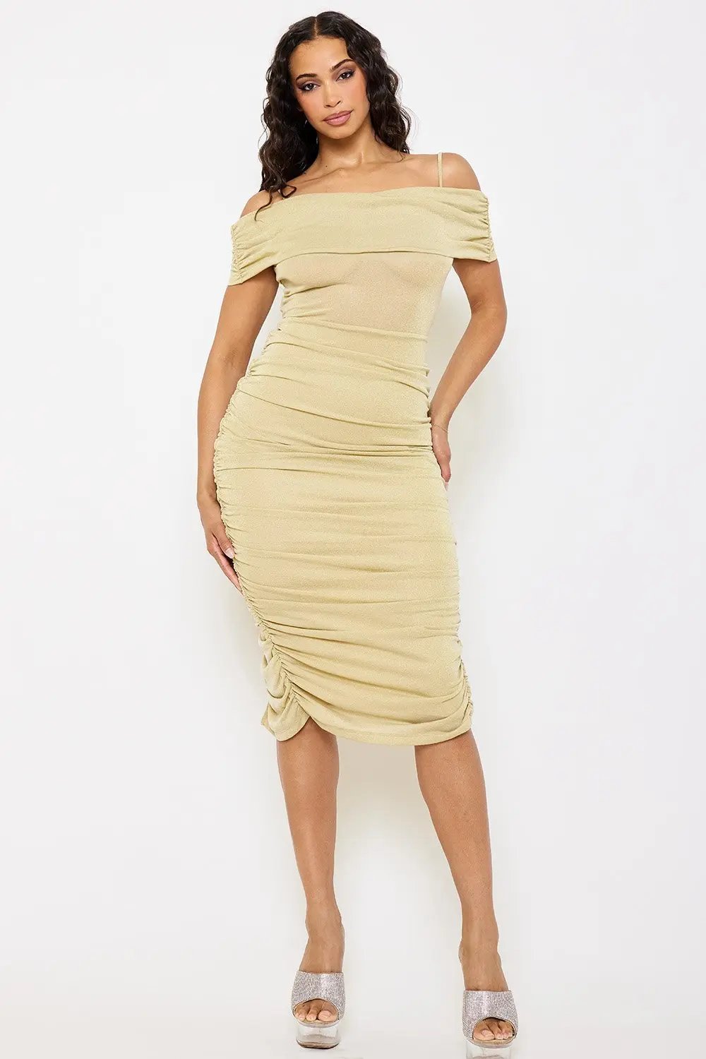 Glitter Midi Dress - Open Shoulder Slit Hem Dress BOUTINIE