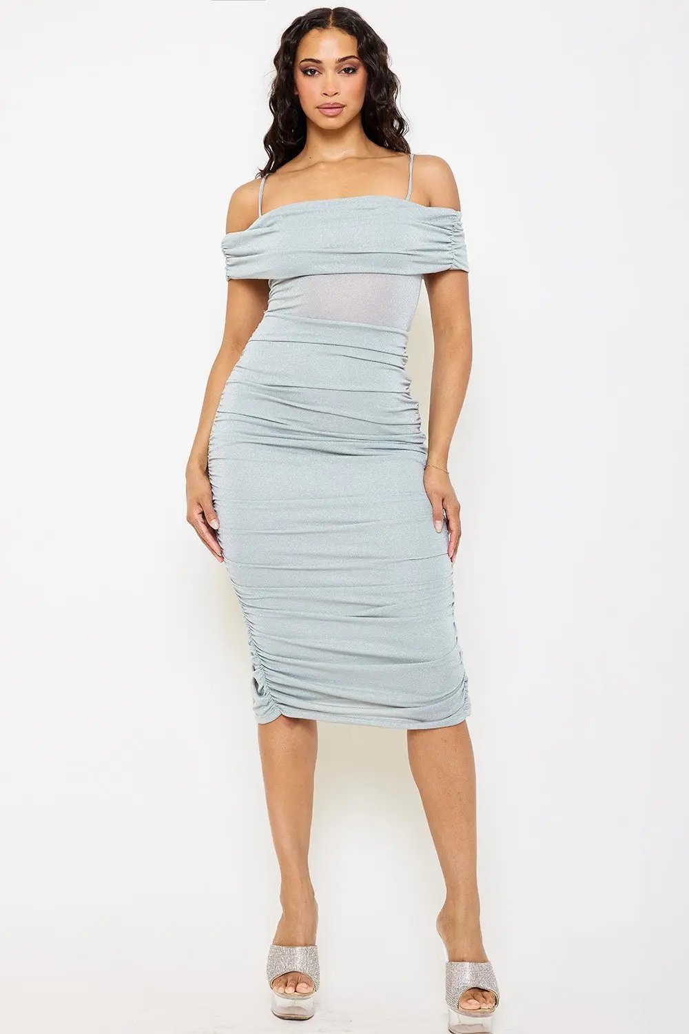 Glitter Midi Dress - Open Shoulder Slit Hem Dress BOUTINIE