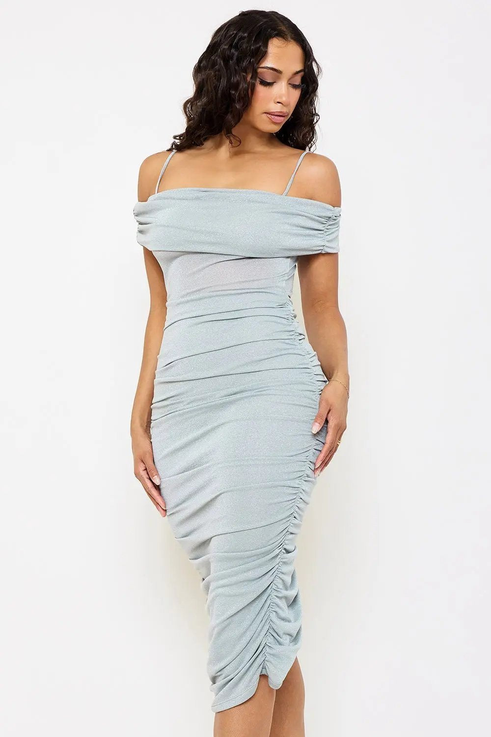 Glitter Midi Dress - Open Shoulder Slit Hem Dress BOUTINIE