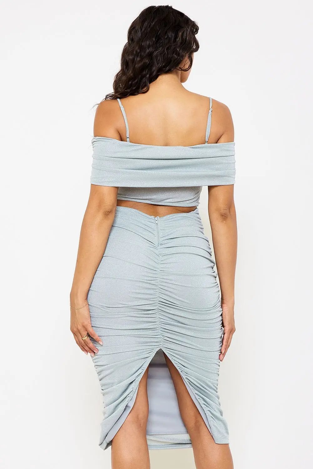 Glitter Midi Dress - Open Shoulder Slit Hem Dress BOUTINIE