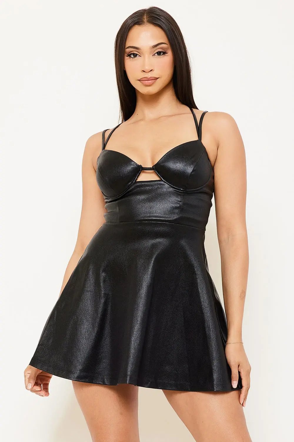 Faux Leather Mini Dress - Cut Out Double Shoulder Strap Open Back BOUTINIE