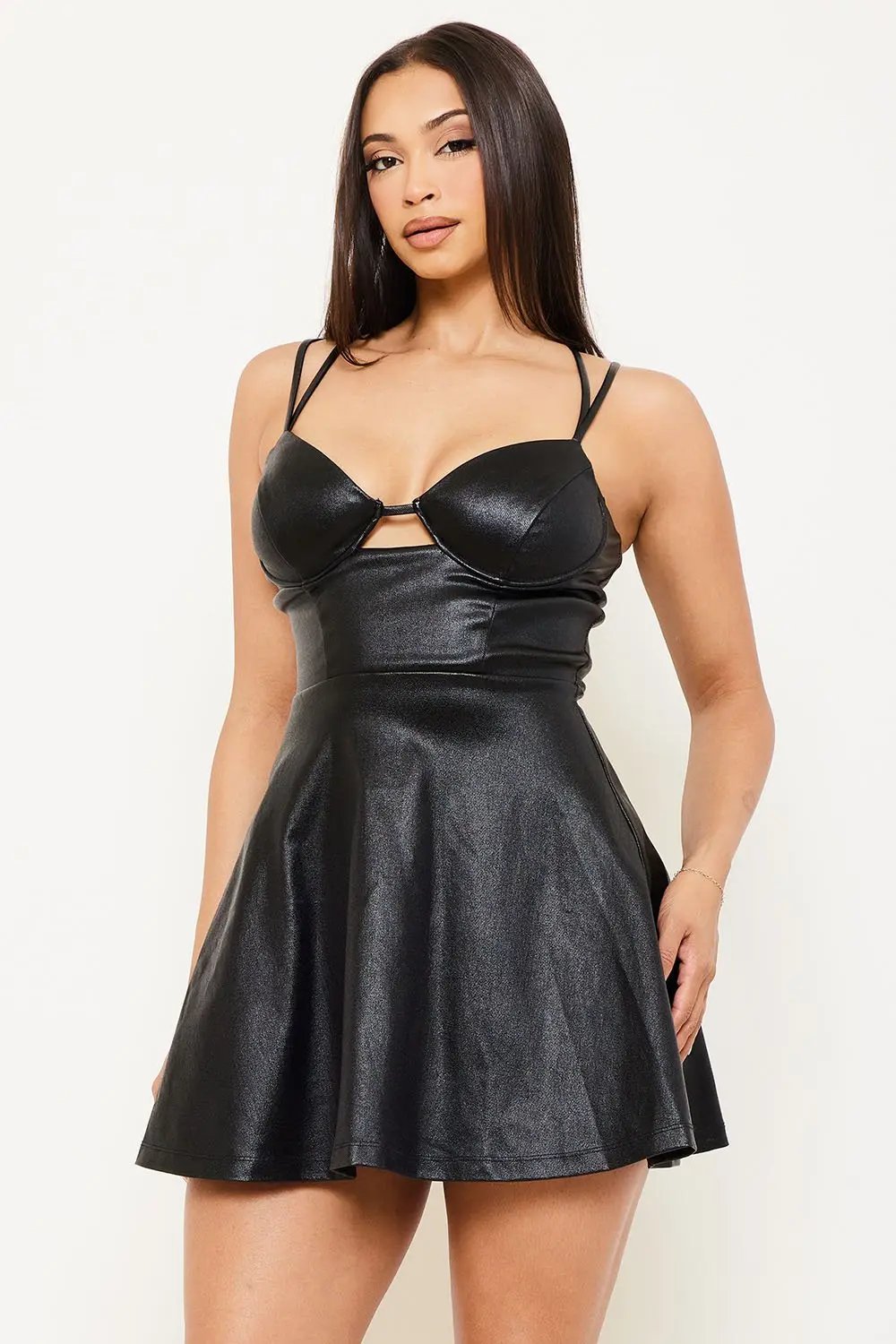 Faux Leather Mini Dress - Cut Out Double Shoulder Strap Open Back BOUTINIE