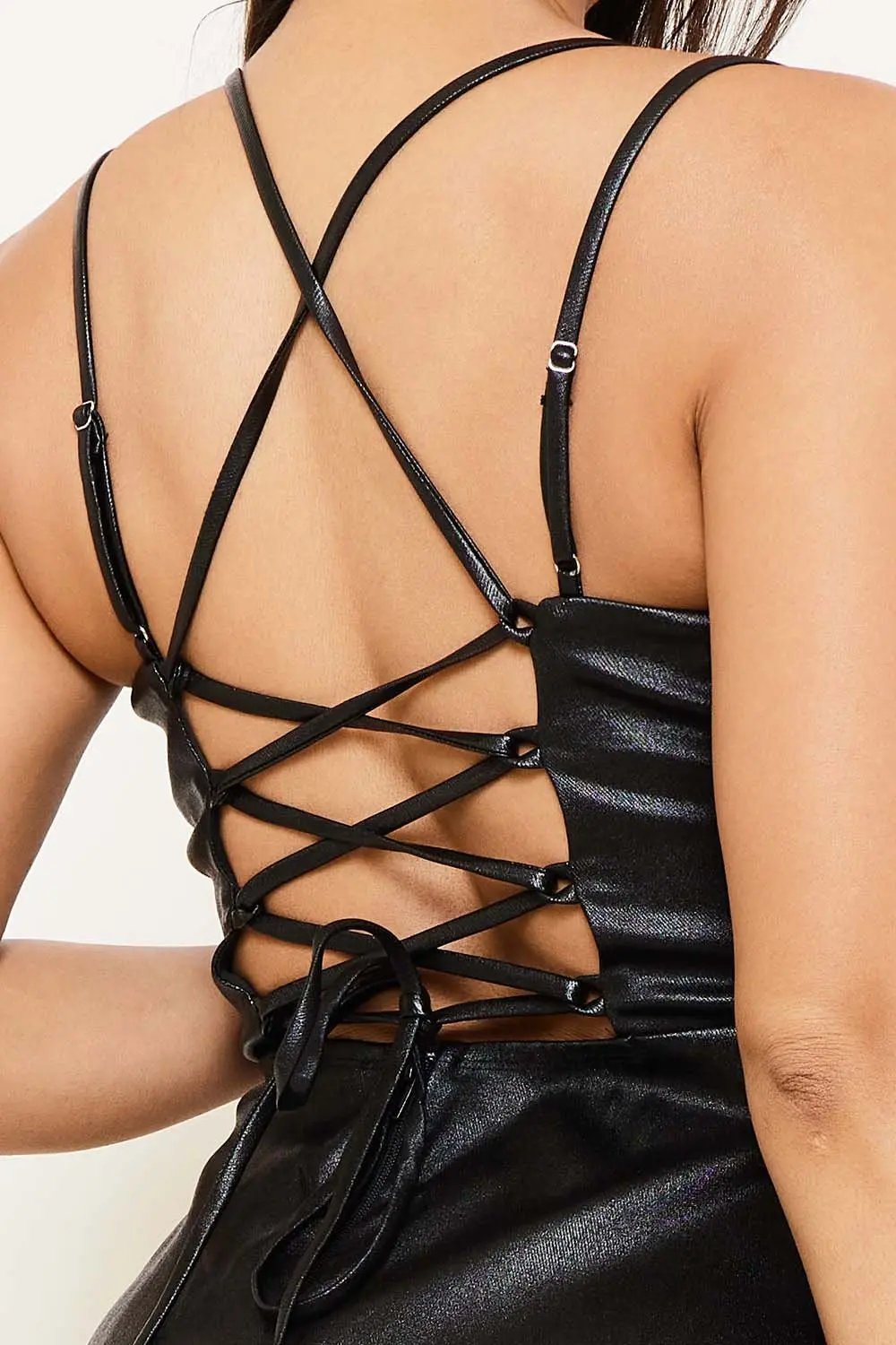 Faux Leather Mini Dress - Cut Out Double Shoulder Strap Open Back BOUTINIE