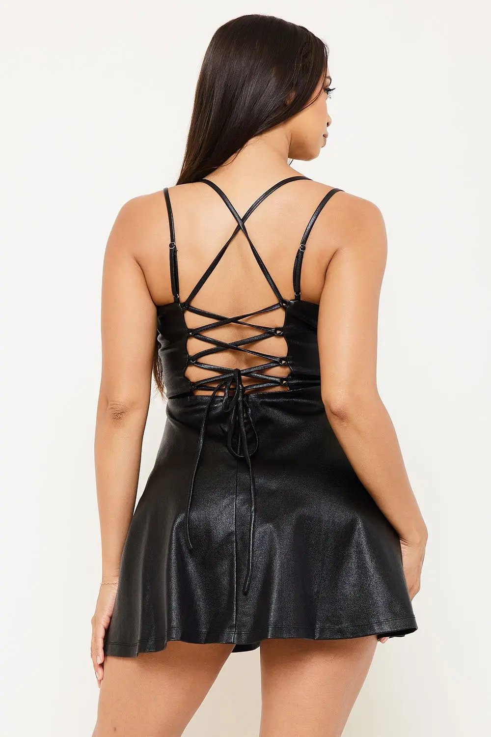 Faux Leather Mini Dress - Cut Out Double Shoulder Strap Open Back BOUTINIE