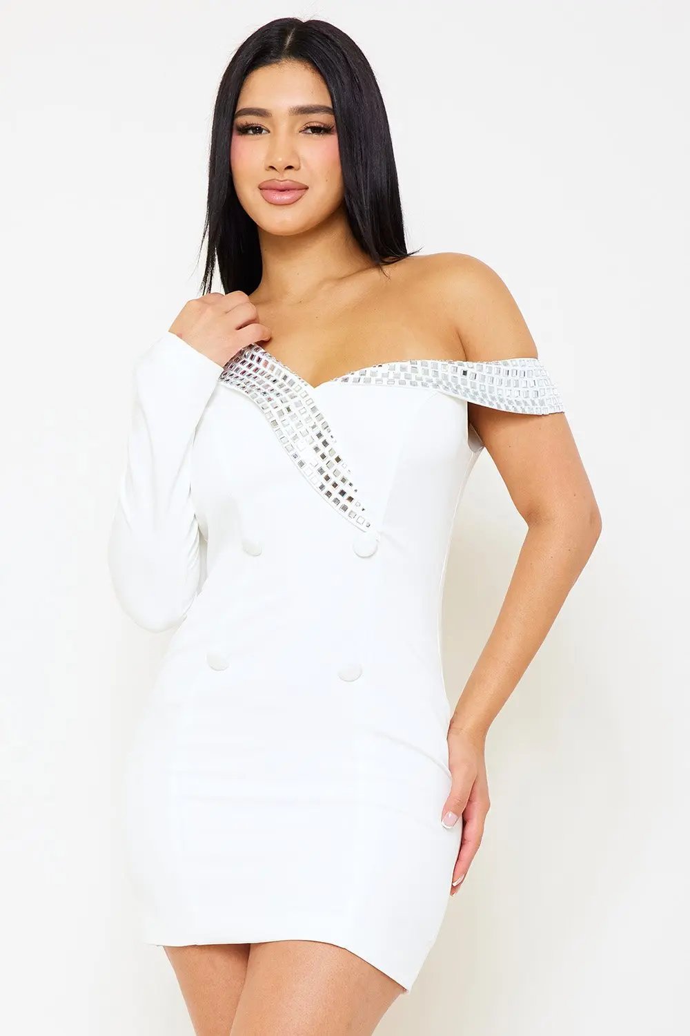 Rhinestone Mini Dress - One Shoulder Suit Mini Dress With Button Detail BOUTINIE