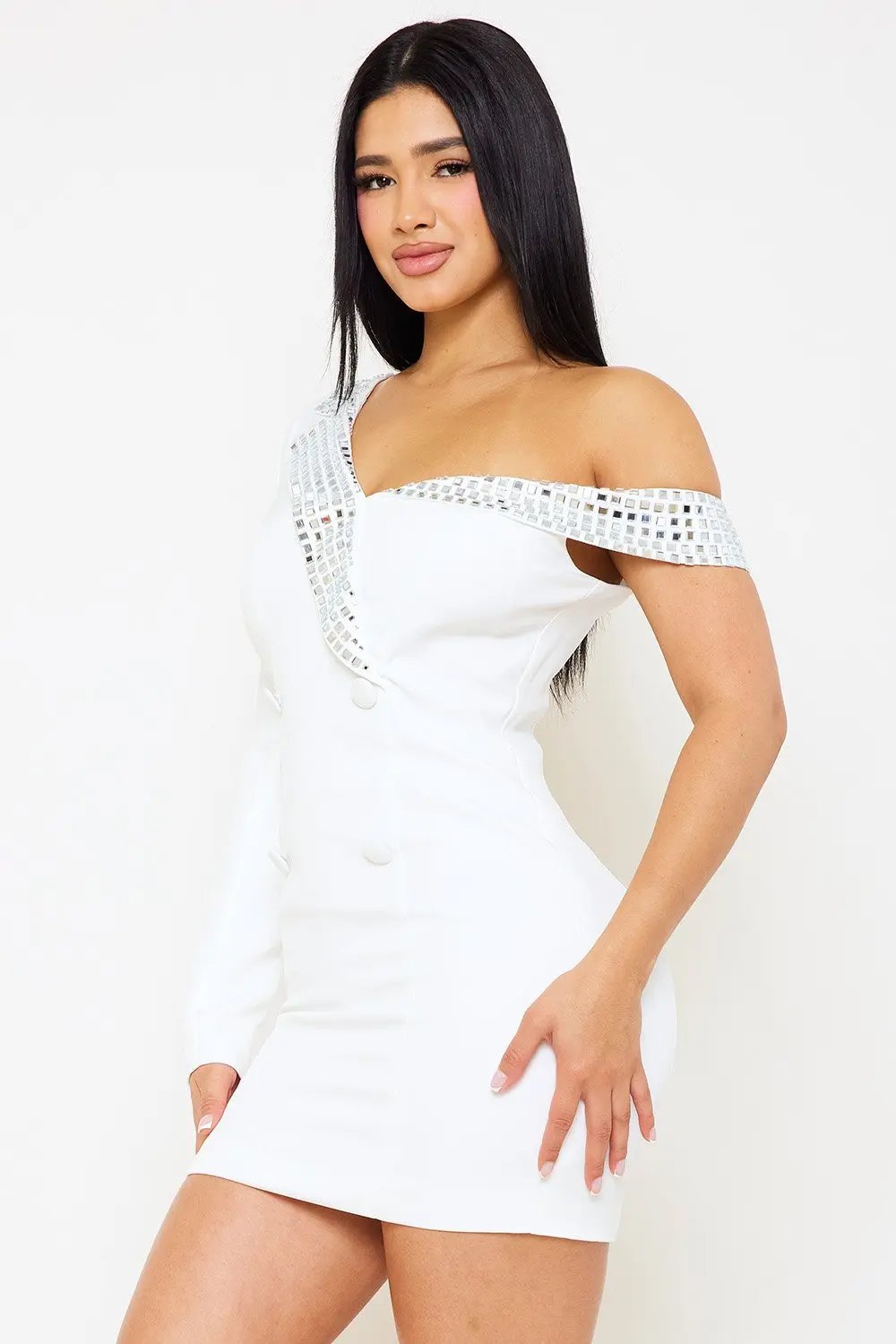 Rhinestone Mini Dress - One Shoulder Suit Mini Dress With Button Detail BOUTINIE