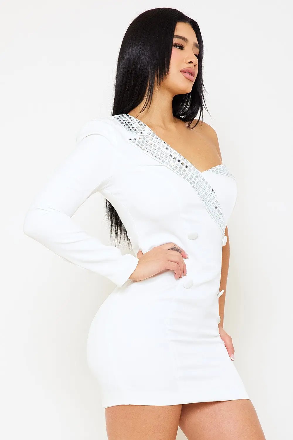 Rhinestone Mini Dress - One Shoulder Suit Mini Dress With Button Detail BOUTINIE