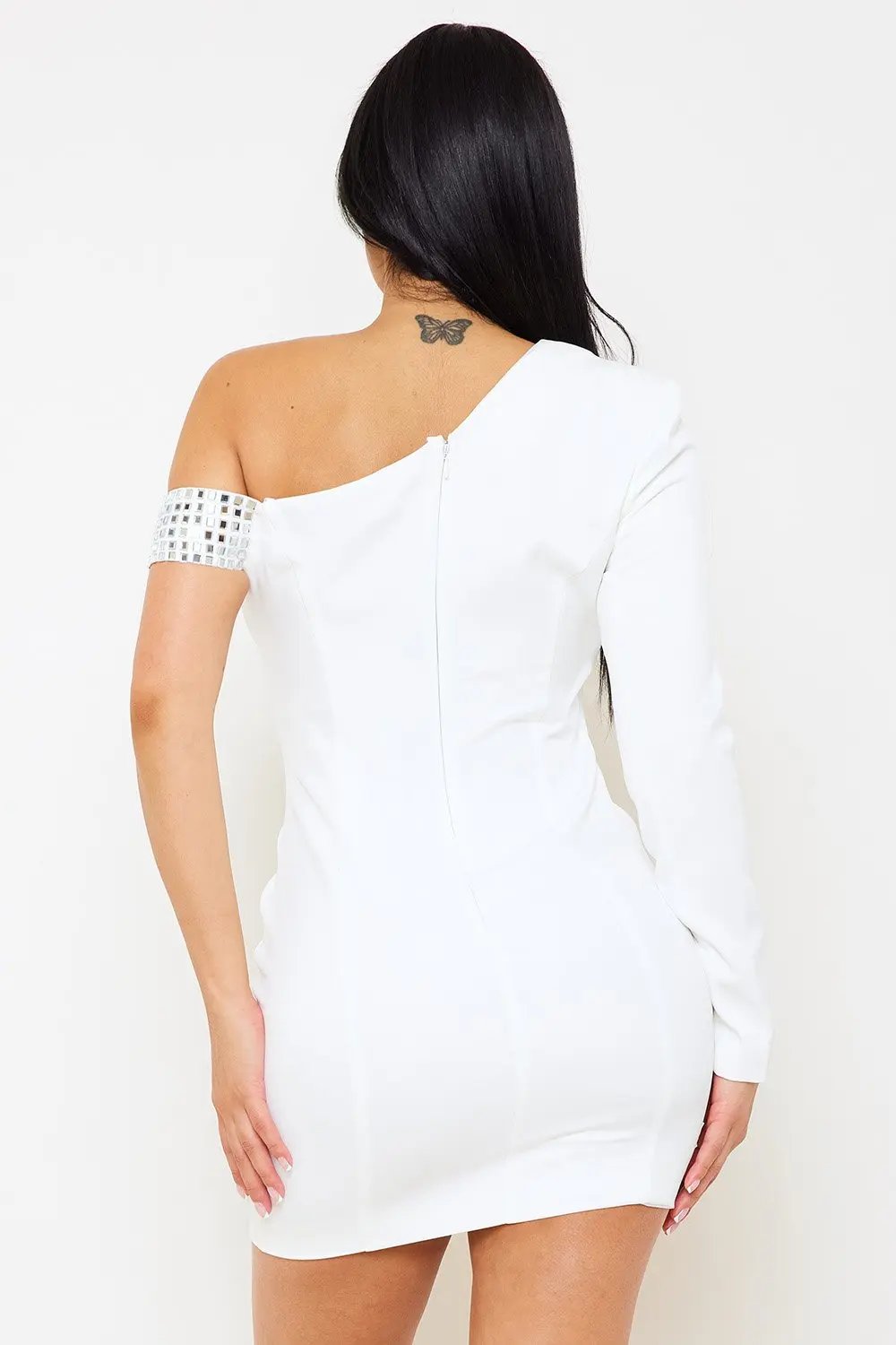 Rhinestone Mini Dress - One Shoulder Suit Mini Dress With Button Detail BOUTINIE