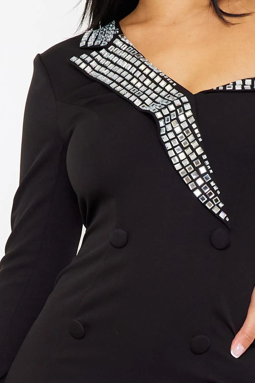 Rhinestone Mini Dress - One Shoulder Suit Mini Dress With Button Detail BOUTINIE