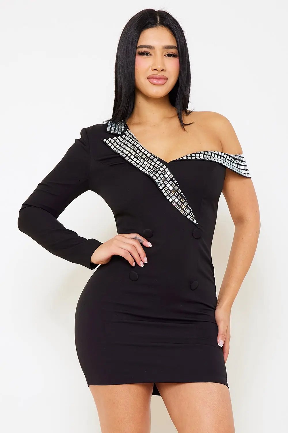 Rhinestone Mini Dress - One Shoulder Suit Mini Dress With Button Detail BOUTINIE