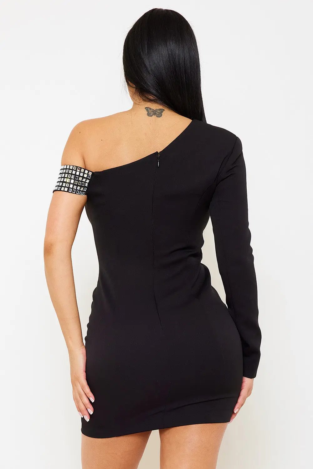 Rhinestone Mini Dress - One Shoulder Suit Mini Dress With Button Detail BOUTINIE