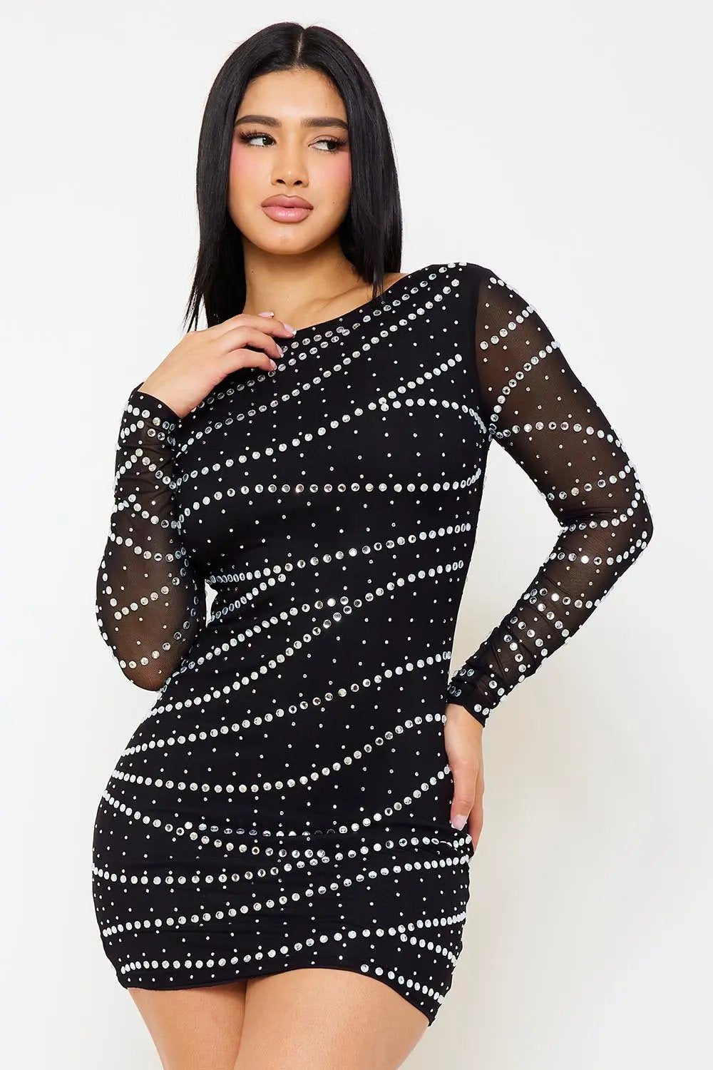 Rhinestone Mesh Mini Dress – Long Sleeve Slip-On Party Dress BOUTINIE