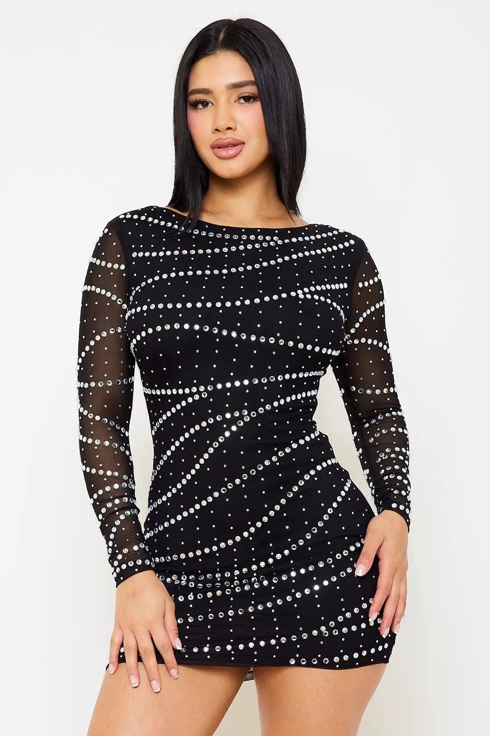 Rhinestone Mesh Mini Dress – Long Sleeve Slip-On Party Dress BOUTINIE