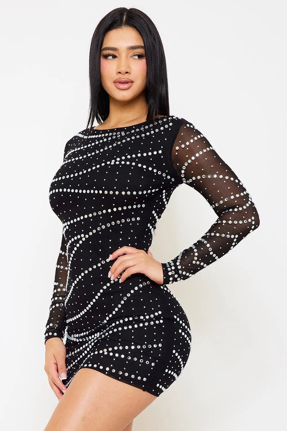 Rhinestone Mesh Mini Dress – Long Sleeve Slip-On Party Dress BOUTINIE