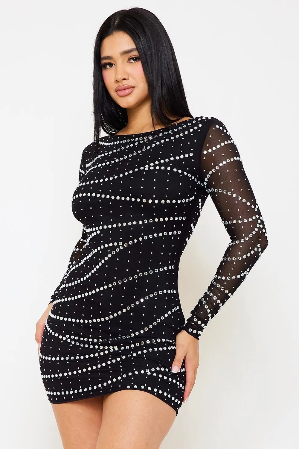 Rhinestone Mesh Mini Dress – Long Sleeve Slip-On Party Dress BOUTINIE