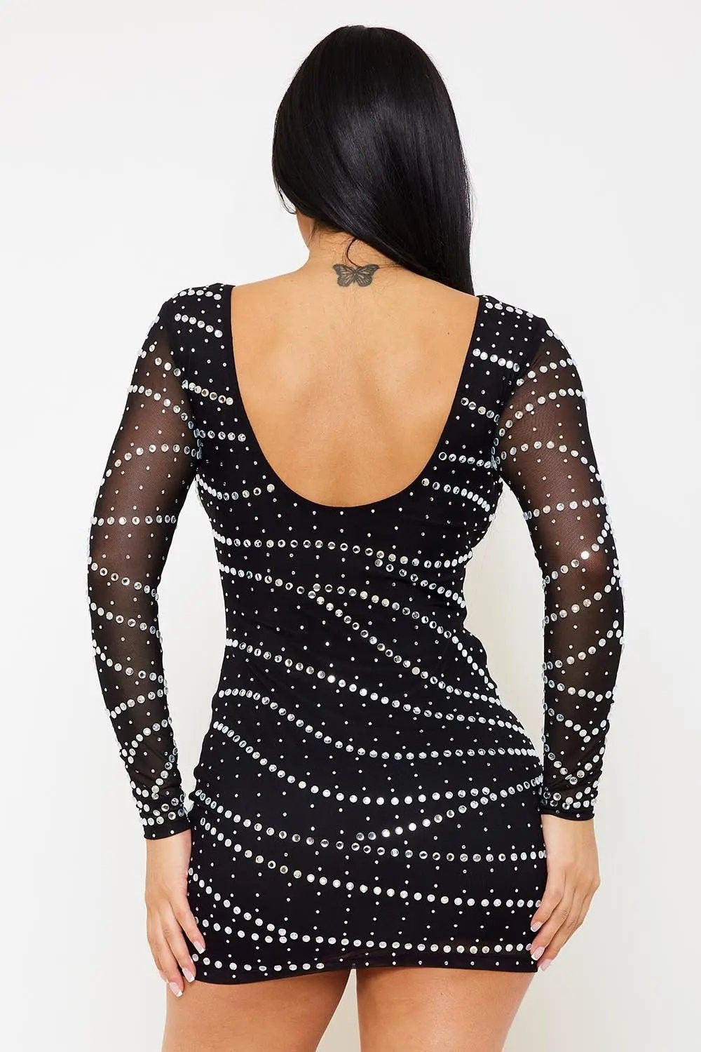 Rhinestone Mesh Mini Dress – Long Sleeve Slip-On Party Dress BOUTINIE
