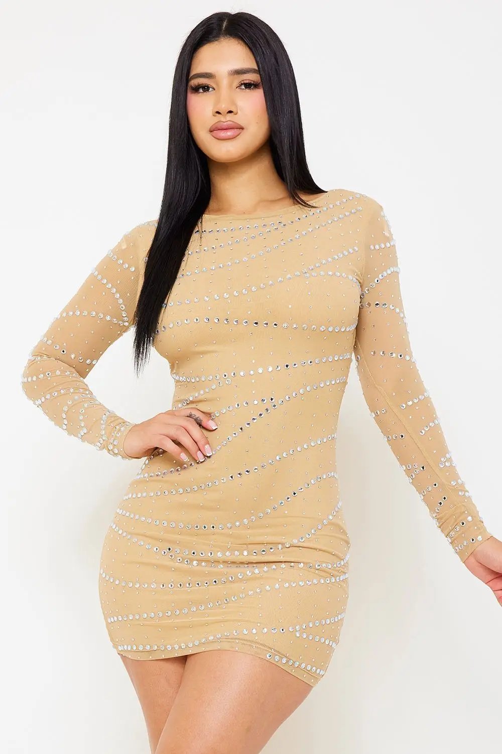 Rhinestone Mesh Mini Dress – Long Sleeve Slip-On Party Dress BOUTINIE