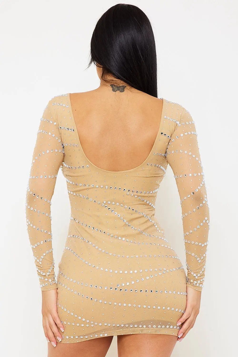 Rhinestone Mesh Mini Dress – Long Sleeve Slip-On Party Dress BOUTINIE