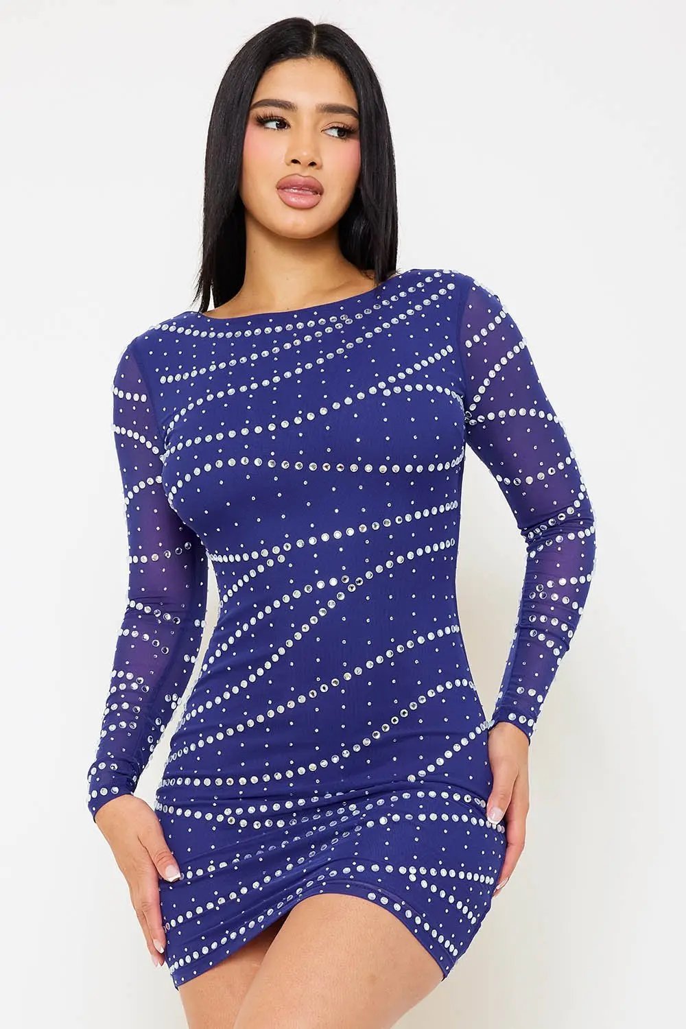 Rhinestone Mesh Mini Dress – Long Sleeve Slip-On Party Dress BOUTINIE